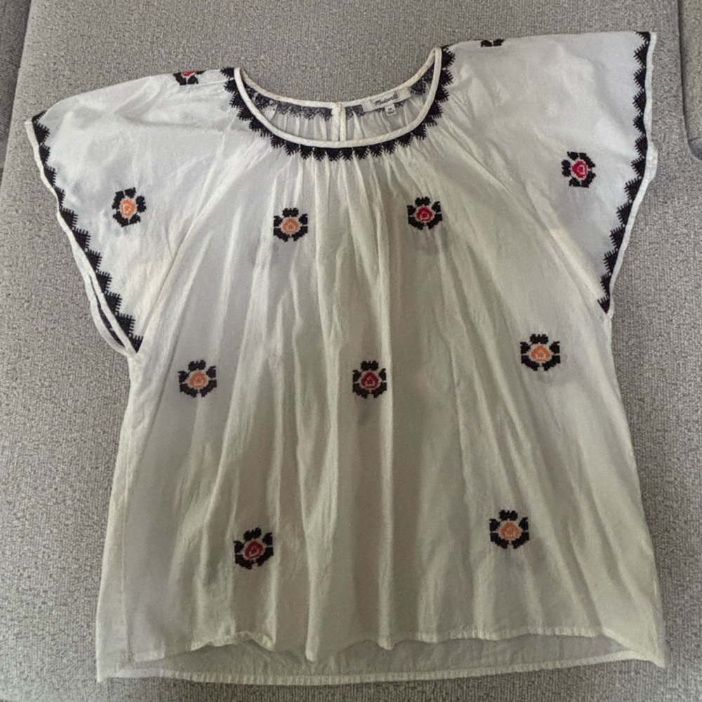 Madewell White Blouse with Navy Embroidery
